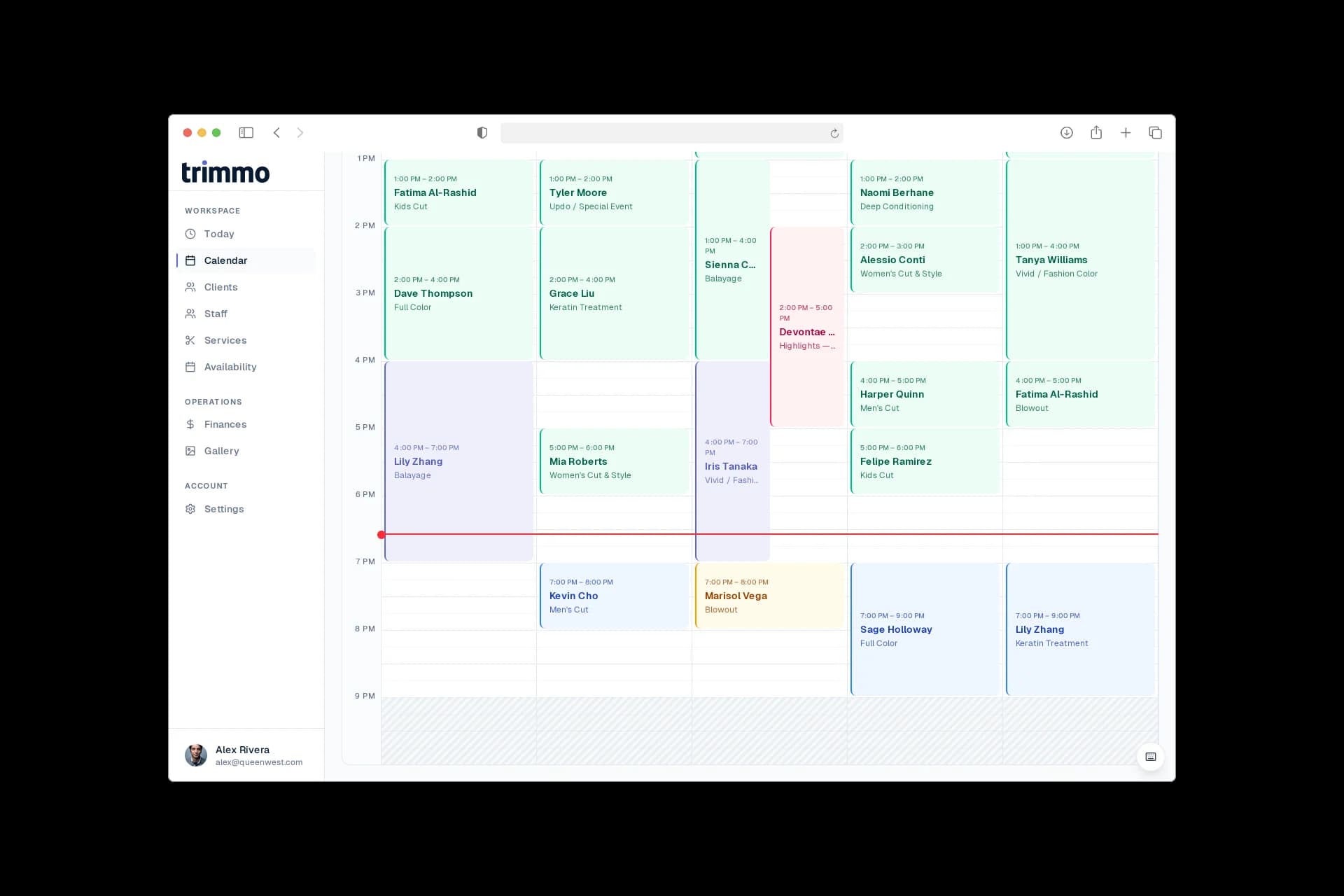 Trimmo week calendar showing 5 stylists across columns — Alex, Sam, Jordan, Riley, Devon — with 17 appointments color-coded by status, time labels from 1 PM to 9 PM, and the current 7 PM line marked across the grid