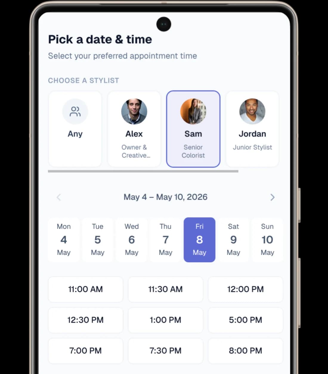Jessica's Studio booking page on a phone, showing the date-and-time picker with stylist cards for Alex, Sam, and Jordan and tappable time slots from 11 AM to 8 PM