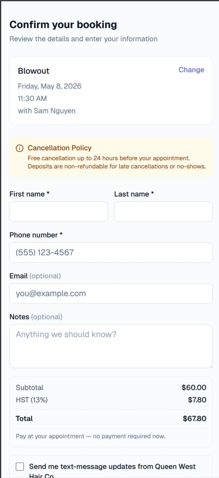 Trimmo booking confirm screen on a phone for Jessica's Studio, showing the cancellation policy, simple name and phone fields, and an HST line on the total