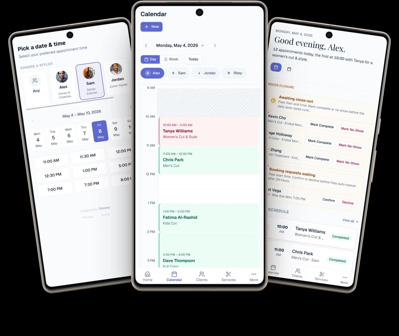 Three phones fanned together — left phone shows the Pick-a-date-and-time booking screen with stylist cards, middle phone shows the day-view calendar with appointments stacked from 10 AM, right phone shows the Good evening dashboard with awaiting close-outs and booking requests waiting
