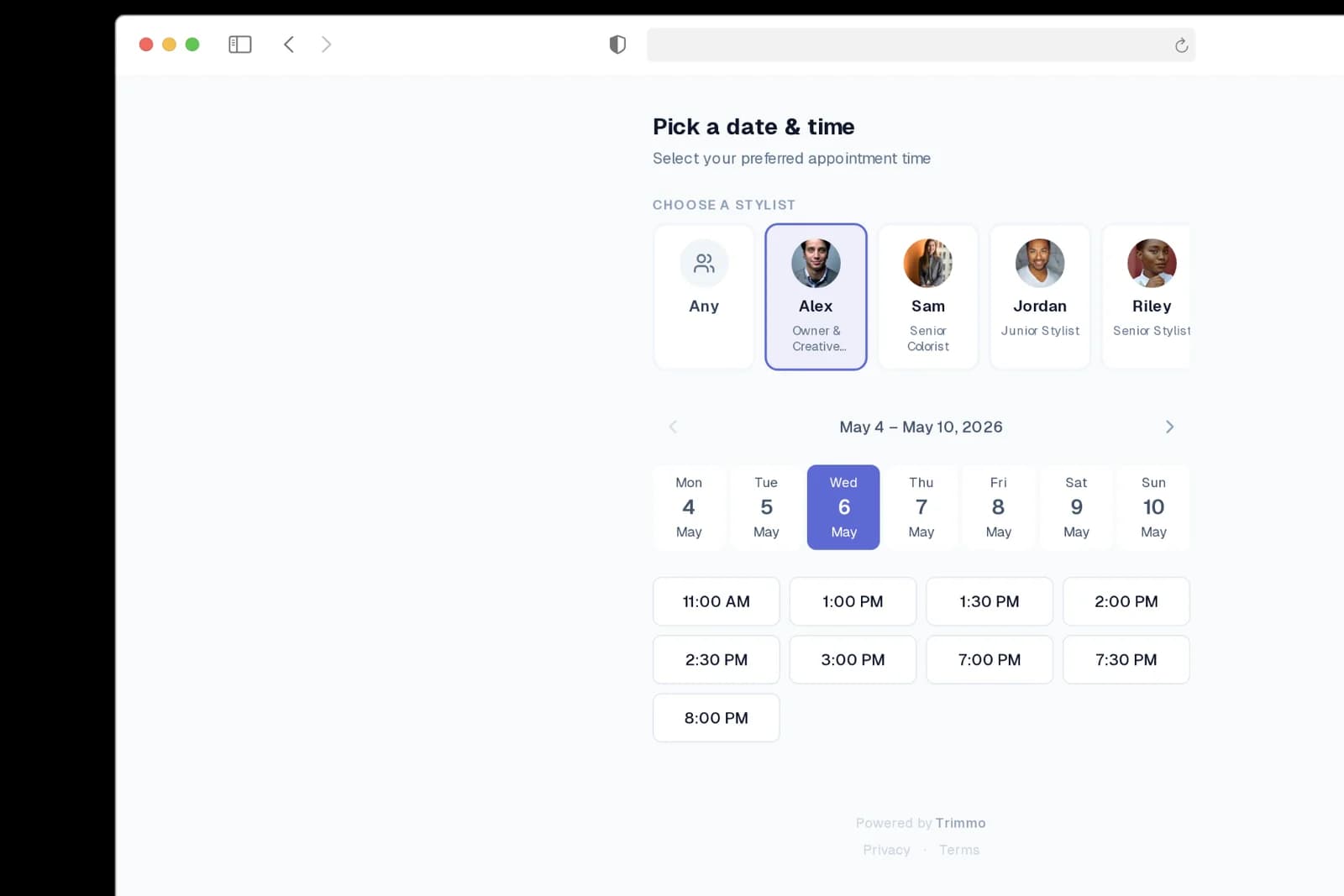 Jessica's Studio public booking page on desktop with stylist cards, a week selector, and tappable time slots from 11 AM to 8 PM