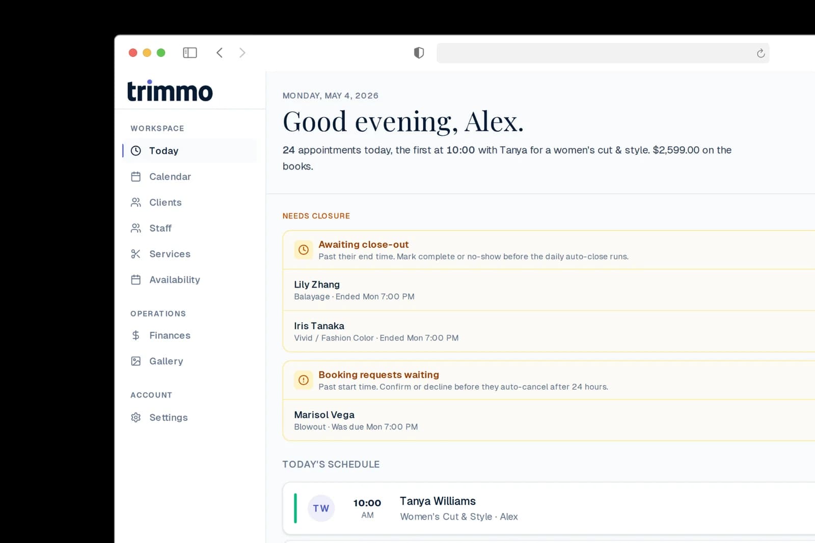 Trimmo dashboard for Alex showing 24 appointments today, awaiting close-out alerts, booking requests waiting, and today's schedule