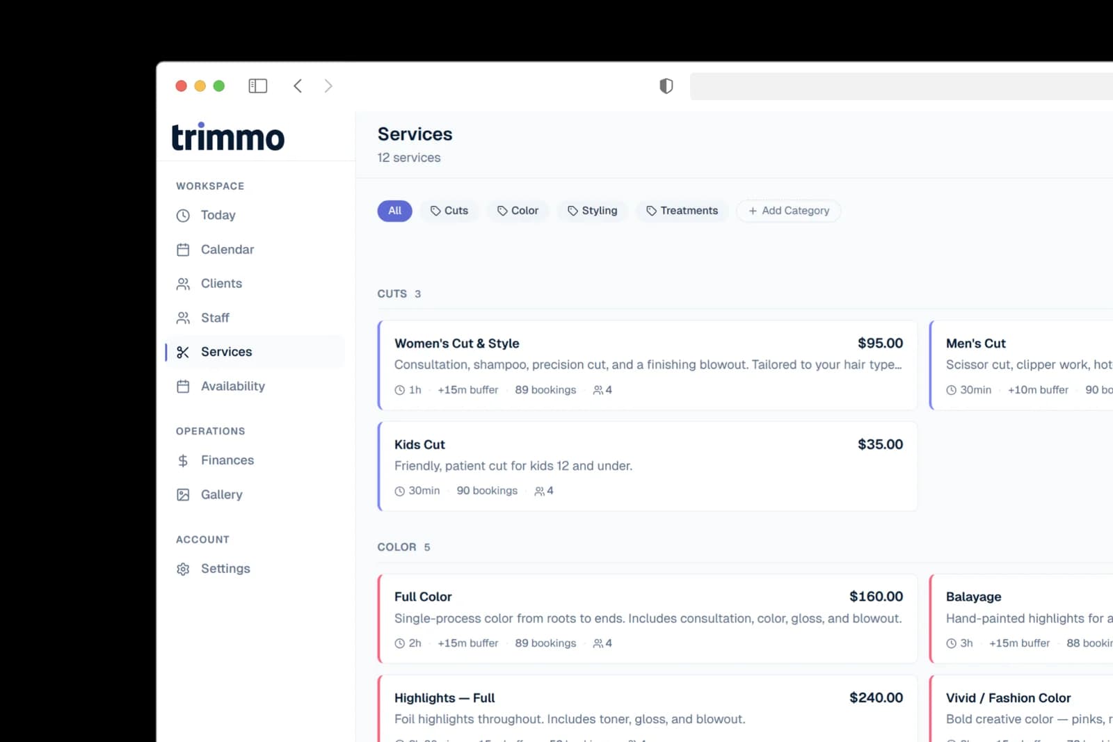 Trimmo services library showing 12 services across Cuts, Color, Styling, and Treatments categories with prices, durations, and booking counts